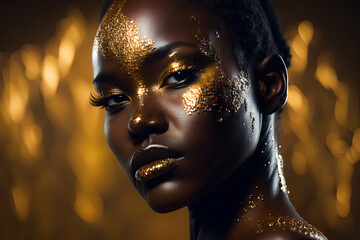 African woman, editorial photography, dripping in gold and glitter. AI-Generated - obrazy, fototapety, plakaty