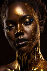 A high fashion photography photo of a African American woman bathing in gold glitter paint. AI-Generated