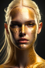 Editorial photography, blonde woman, dripping in gold and glitter. AI-Generated