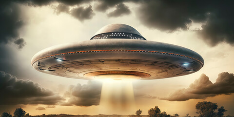 Lowing saucer shaped ufo hovering in the sky, alien writing. AI-Generated