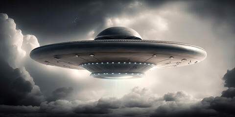 Naklejka na ściany i meble Lowing saucer shaped ufo hovering in the sky, alien writing. AI-Generated
