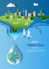 Fototapeta World Water Day, save water, a drop of water with a lot of people at the blackground involved in activity. Paper illustration and 3d paper. obraz