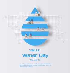 World Water Day, save the planet and water concept, people on a drop of water sign. Paper illustration and 3d paper.