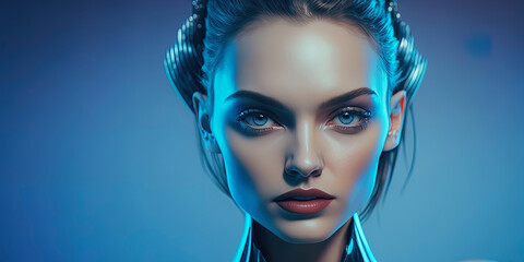 A beautiful Welsh supermodel android girl is looking directly at the camera from a mid-angle position, with a vividly colored background adding depth to the shot. AI-Generated