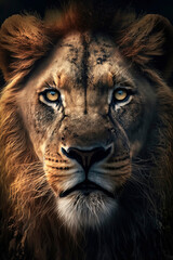Photo of a lion looking at the camera on dark background. AI-Generated