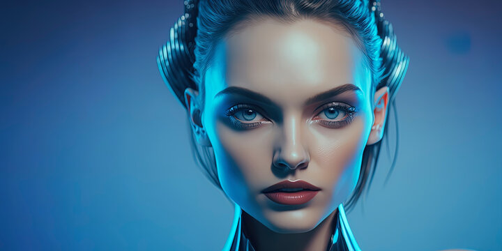 A beautiful Welsh supermodel android girl is looking directly at the camera from a mid-angle position, with a vividly colored background adding depth to the shot. AI-Generated