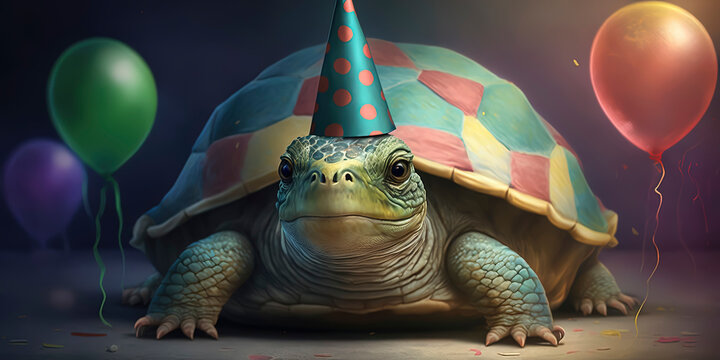 Portrait Of A Turtle In His Birthday Party Wearing A Birthday Hat. Birthday Party Celebration With Confetti And Colorful Balloons. AI-Generated