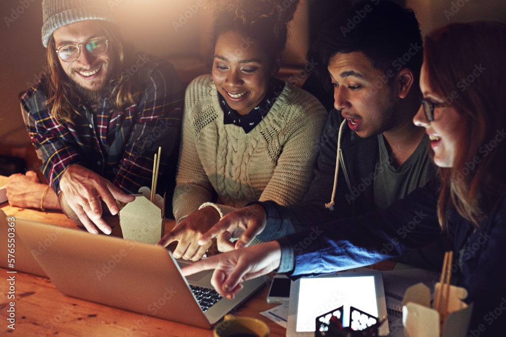 Poster Startup business, laptop and people pointing at web design code, cloud computing software or wow app. Website SEO team, media content diversity or night teamwork collaboration on UX interface system