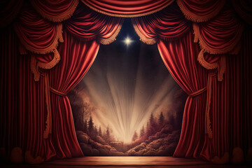 Magic theater stage red curtains Show Spotlight.  Generative AI - obrazy, fototapety, plakaty