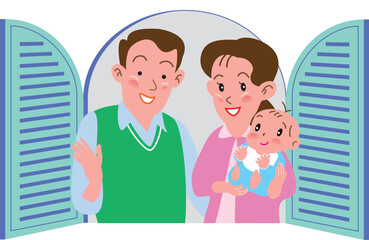 窓辺のカップルと赤ちゃん
