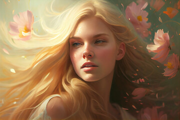 woman with blonde wavy hair with spring flowers all around her, illustration, fictional woman, ai generated