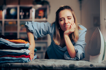 Woman Not in the Mood for Ironing a Pile of Clothes. Procrastinating girl refusing to do house...