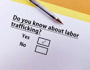 Fototapeta premium Questionnaire about trafficking