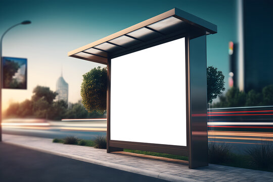 Bus Stop Billboard Mockup With Traffic Light Trails In The Background, Roadside Digital Billboard Design, Marketing Ad Space , Advertising Billboard At Bus Stop