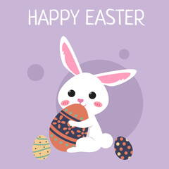 A purple background with a bunny holding a chocolate egg and the words happy easter.