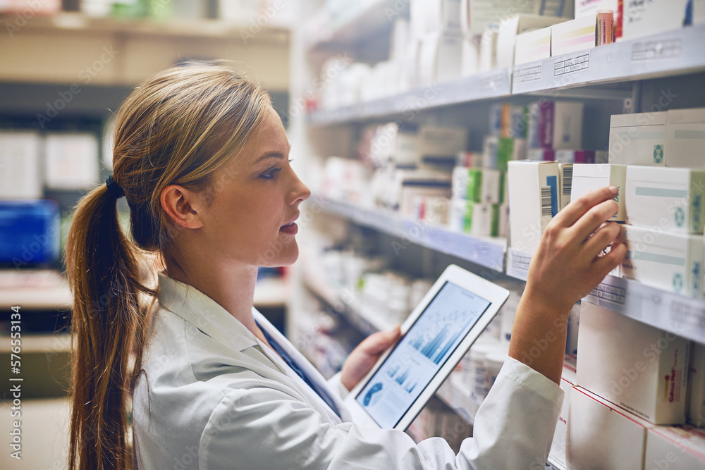 Poster According to this online tool, this medication will work best. Shot of a pharmacist using her digital tablet while working in a isle.