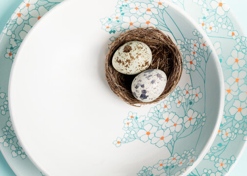Two quail eggs in nest on light blue plates with floral pattern. Easter mock up on plate. Close up.