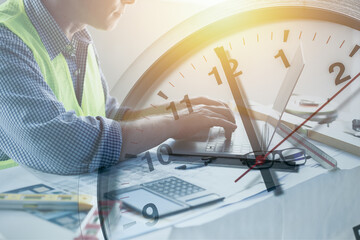 Engineer builder busy overlay times clock for working hours work compete with building timeline or...