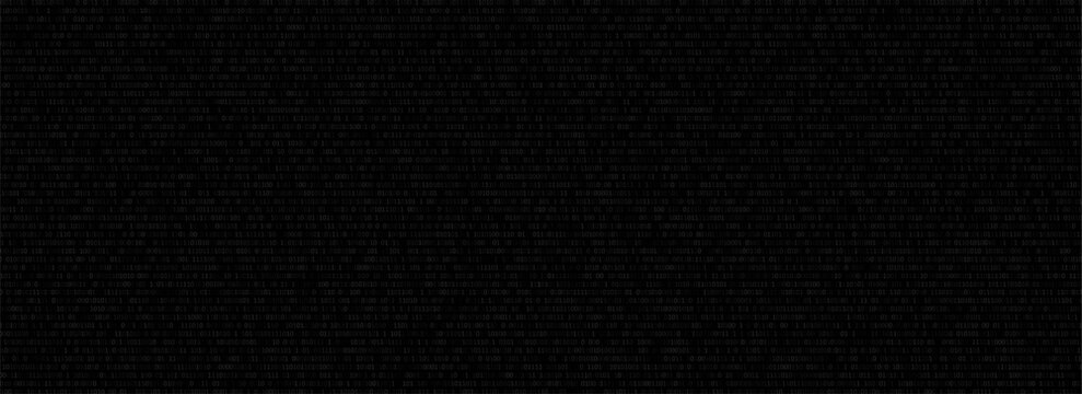 Binary code black and white background with two binary digits, 0 and 1 isolated on black background. Algorithm Binary Data Code, Decryption and Encoding. Security protection. Vector illustration.