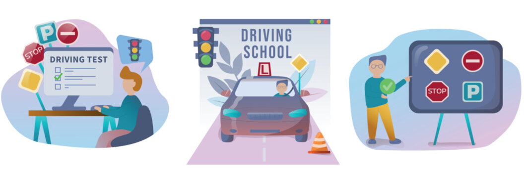 Driving lesson illustration set. People studying in driving school and passing exams. Traffic rules. Road signs. Education and drive lesson. Modern flat style. Vector illustration on white background