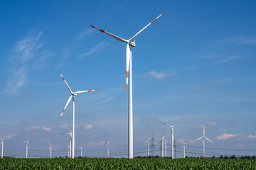 Modern wind energy plants with a blue sky in Germany