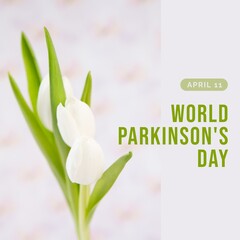 Image of world parkinson's day text over white tulips with copy space © vectorfusionart