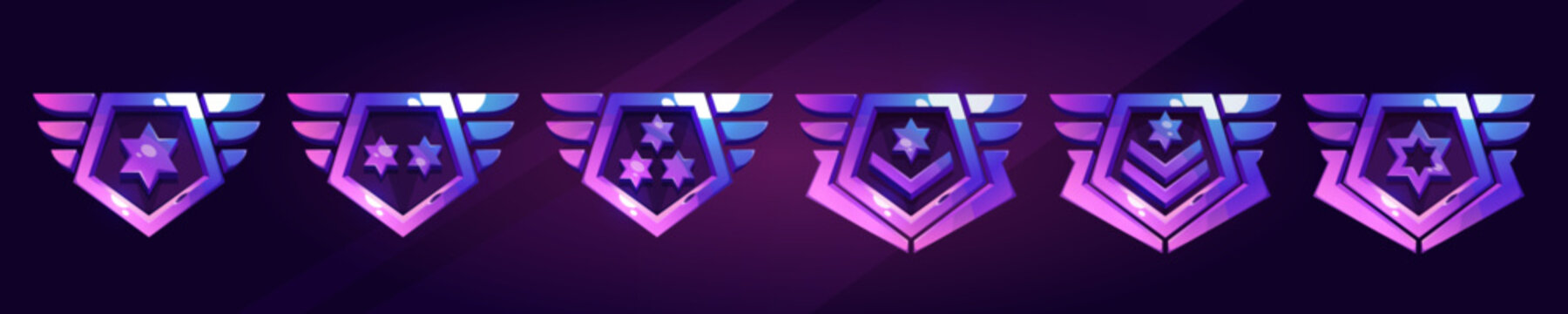 Set of military game rank badges isolated on background. Vector cartoon illustration of shiny metal pentagonal insignia medals with stars, chevrons, wings. Gui progress symbol. Award for achievement