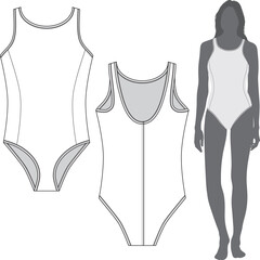 One piece basic Swimsuit fashion flat and Model sketch template. Women Active wear Crop tank top Technical Mockup Fashion Illustration