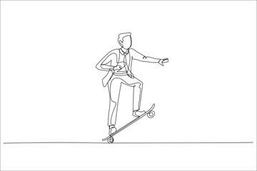 businessman stand and moving with skateboard. Concept of business style