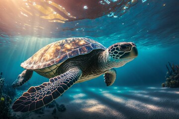 Fototapeta premium wild turtle floating over blue beautiful natural ocean with sunlight through water surface, generative ai