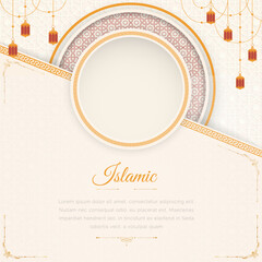 Ramadan Arabic Islamic White and Golden Luxury Ornamental Background with Islamic Pattern and Decorative Lanterns