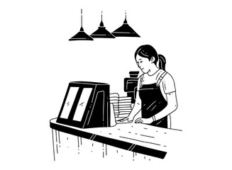Hand-drawn Illustration of a Female Barista Cleaning a Table