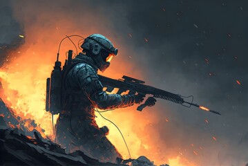 the futuristic soldier aiming his gun at the enemy against the battlefield background, digital art style, illustration painting, Generative AI