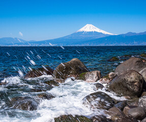 井田の海岸から富士山と波