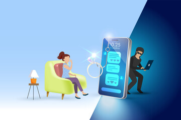 Romance scam, online dating phishing scam. Diamond ring with phishing hook on victim women for fraud chatting. Cyber crime and threat on woman.