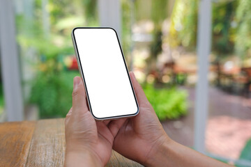 Mockup image of a woman holding mobile phone with blank desktop screen in cafe