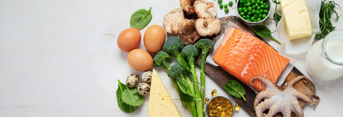 Foods rich in vitamin D. Healthy foods containing vitamin D. - obrazy, fototapety, plakaty