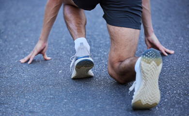 Running shoes start, street and exercise of a man doing race training, workout and sport outdoor....