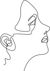 Line art woman's face. Minimalist art of woman's face in profile. Continuous line art. Single line art.