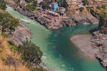 Bhagirathi river from left side and Alakananda river with turquoise blue colour from right side...