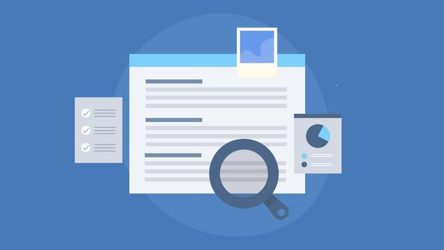 Optimization of website content, structure and technical development, content strategy checklist improve SEO ranking and data driven report on screen video animation.