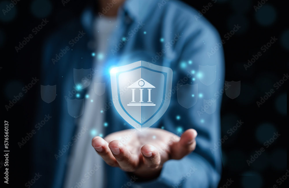 Aufkleber Cyber security on mobile online banking and payments, Digital marketing. firewall interface protection of Personal data security and banking. Protecting from cyber attack. protect and privacy identity
