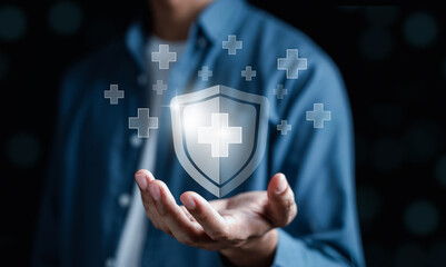 Hand holding plus sign to offer positive thing of insurance and assurance concept. plus and healthcare medical icon, health and access to welfare health.
