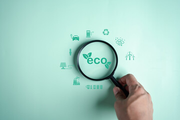 Environmental, environmental, social, and governance in sustainable and ethical business on the Network connection, Magnifier focus to eco system icon for develop green energy concept.