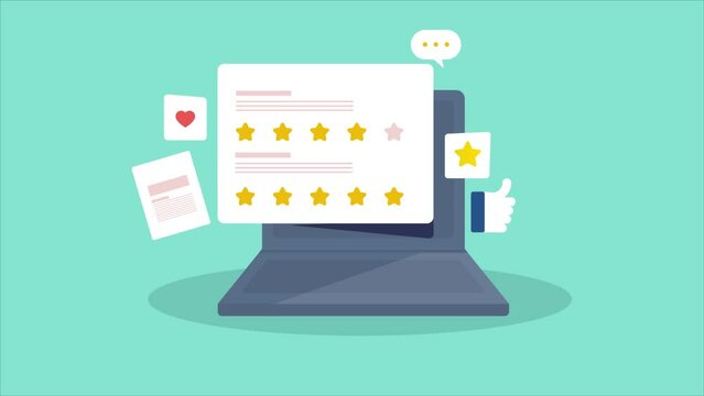 Positive feedback star rating from customer on laptop screen, buying experience business review on laptop screen, animation concept.