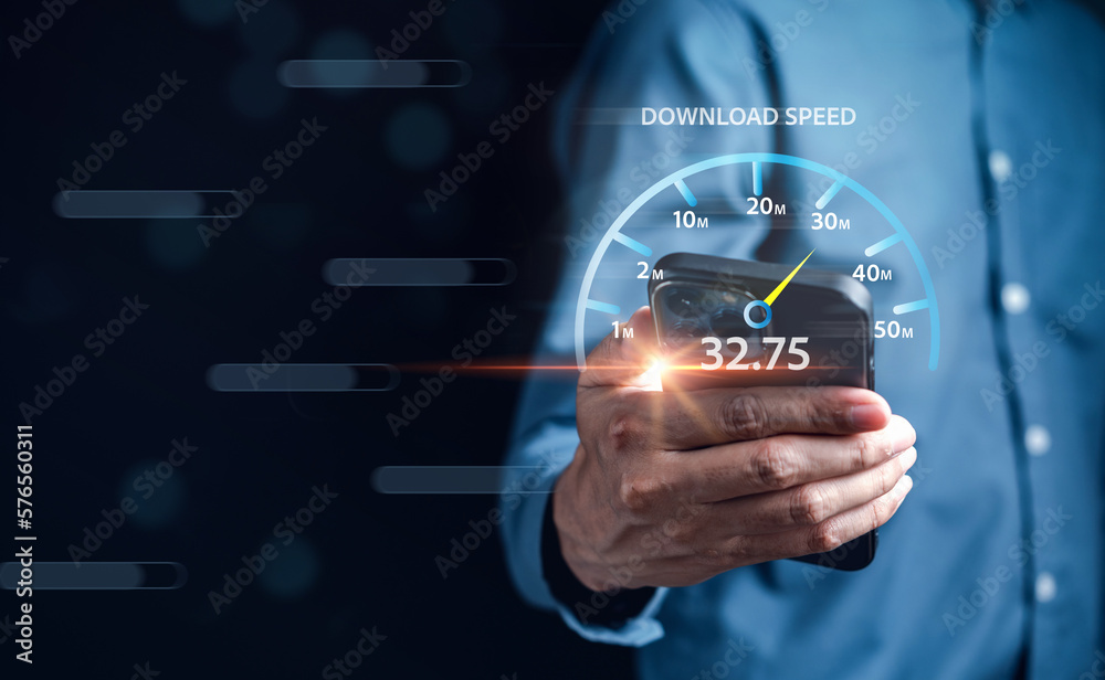 Fototapete Fast internet connection speedtest bandwidth network technology, Man using Internet high speed by smartphone 5G quality, speed optimization...