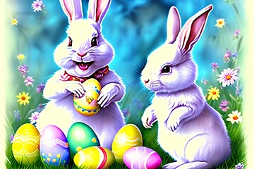 Easter Bunnies with Eggs and Flowers
