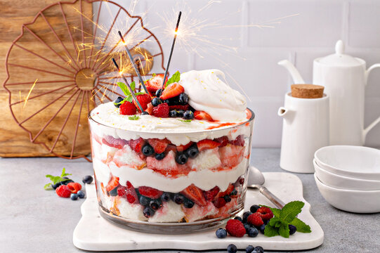 Summer Berry Trifle With Angel Food Cake In A Large Bowl