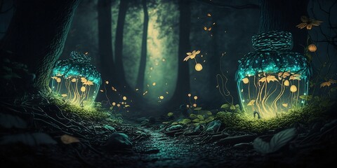 forest with effect of lights and bubbles, with jar made of water, created with AI.