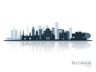 Belgrade skyline silhouette with reflection. Landscape Belgrade, Serbia. Vector illustration.